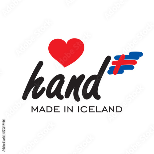 Love hand made in Iceland, logo, icon, stamp, sticker with abstract Iceland flag