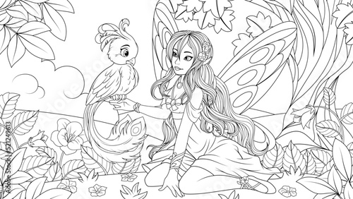 Vector illustration, a beautiful young fairy sits on a fairy meadow with a fabulous bird