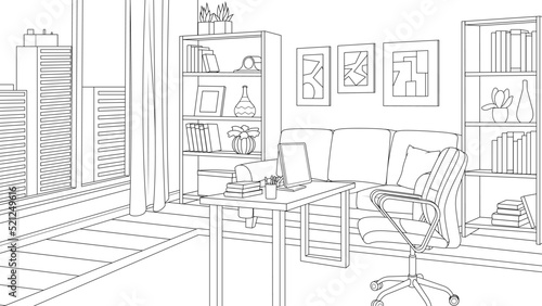 Vector illustration, home office in loft style, in the big city
