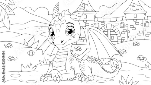 Vector illustration, cute little dragon lies on a clearing
