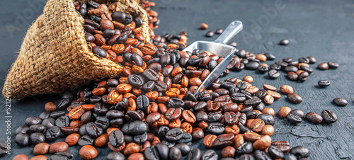 Canvas Print Close-up of a blended blend of dark roast and a medium roast of roasted coffee b