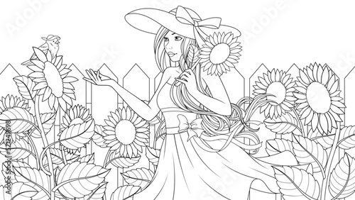 Vector illustration, beautiful cute girl in the garden among sunflowers, looks at the bird