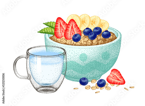 Healthy breakfast with banana, strawberry and blueberry. Oatmeal porridge with milk, yogurt. Granola bowl. Muesli flakes, oat grain. Vector sketch.