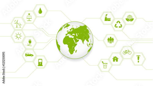 Green global Business template background with icons for Eco friendly and Sustainability concept with flat icons, vector illustration