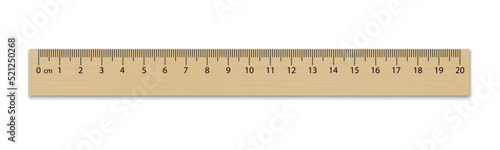Mockup wooden ruler 20 cm.  Measuring tool with ruler scale. School measuring equipment.