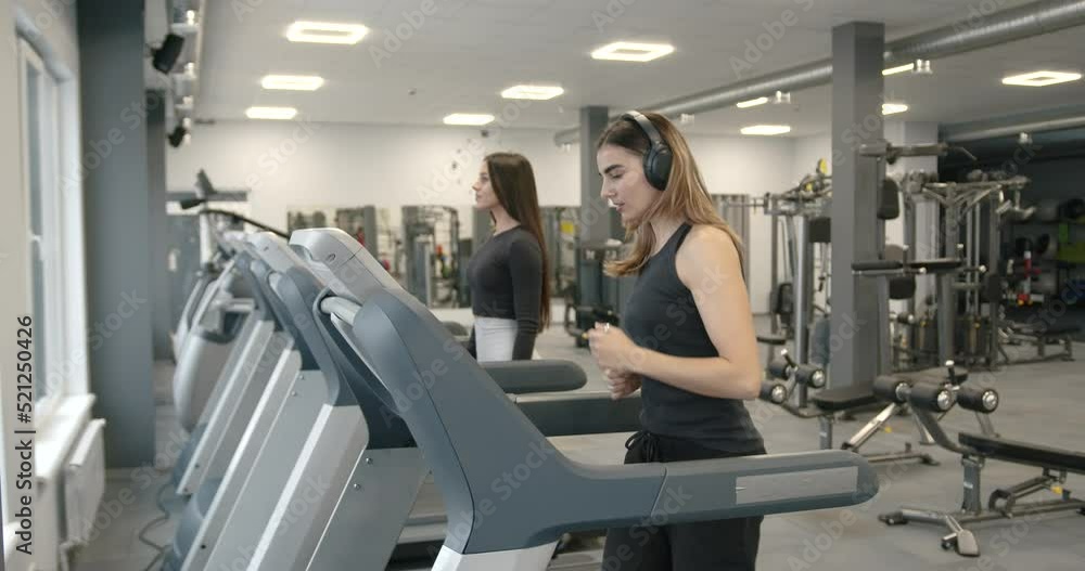 Women going on treadmills at modern gym Women going on treadmills at modern gym