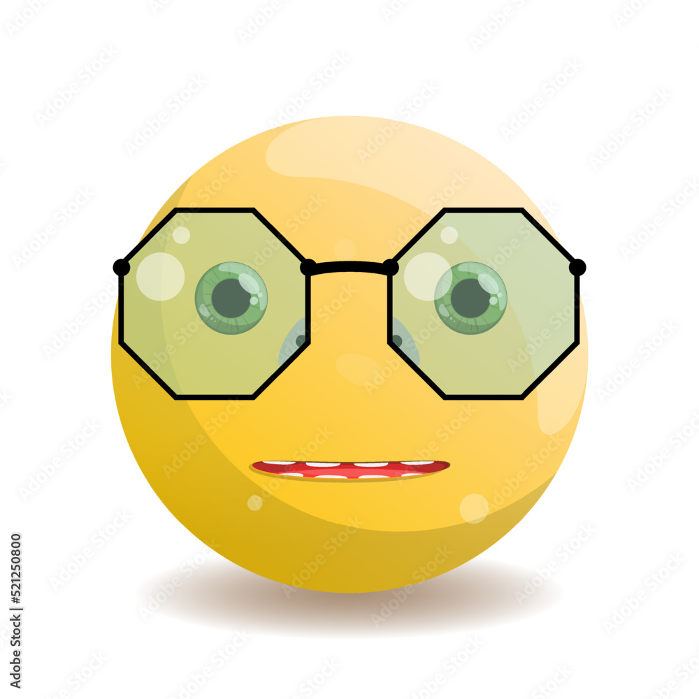 Naklejka premium Emoji round emoticon with yellow gradient, green eyes and octagonal glasses with black frame.