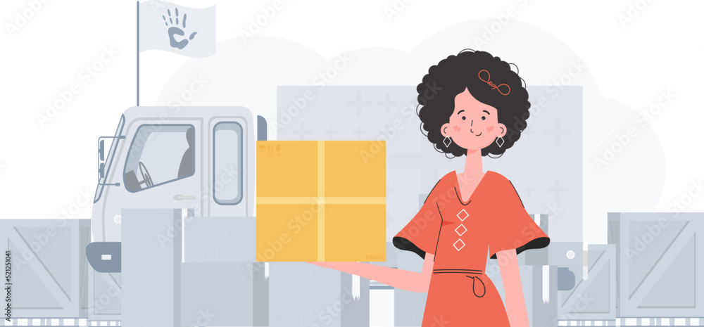 The woman is holding a box. The theme of humanitarian aid. trendy style. Vector illustration. The woman is holding a box. The theme of humanitarian aid. trendy style. Vector illustration.