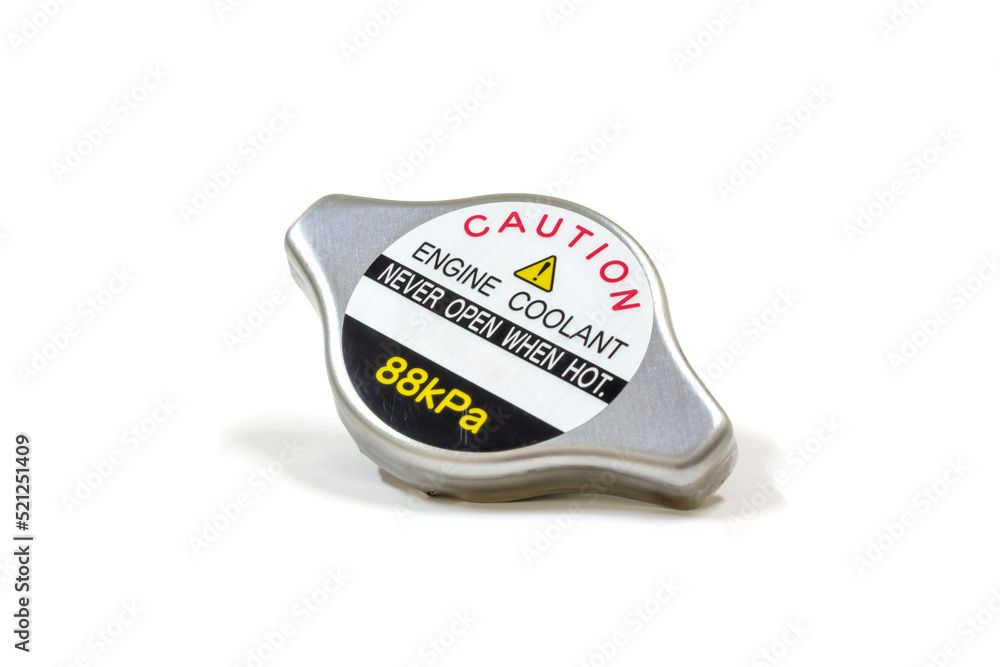 Radiator cap with warning label on white background, isolated, Car maintenance service.