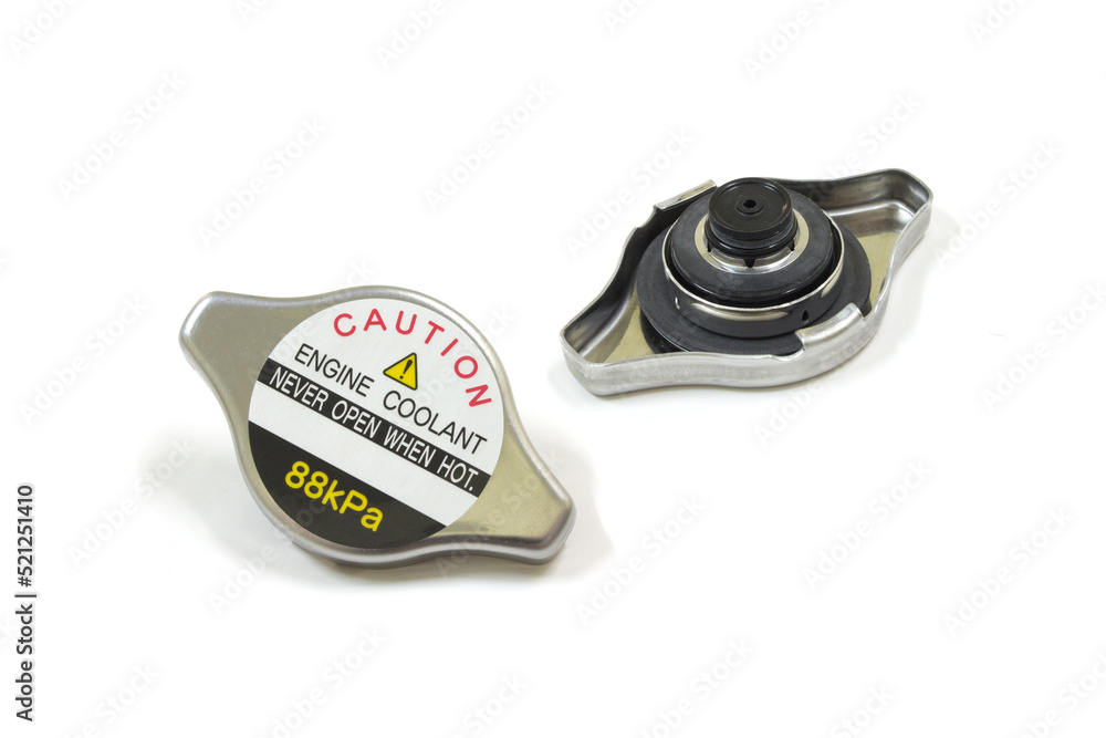 Radiator cap with warning label on white background, isolated, Car maintenance service.