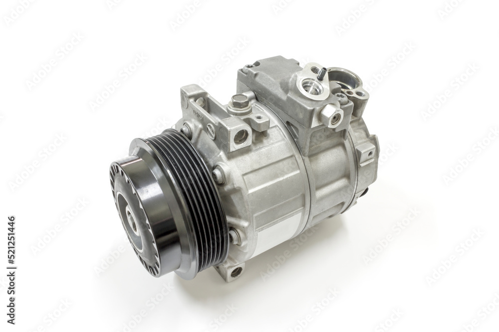 Car air conditioning compressor on a white background, Isolated, Car maintenance service.