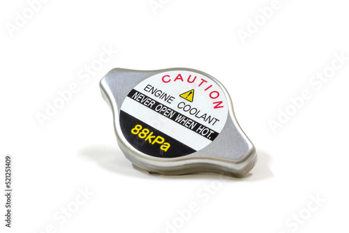 Obraz na płótnie Radiator cap with warning label on white background, isolated, Car maintenance service. w salonie