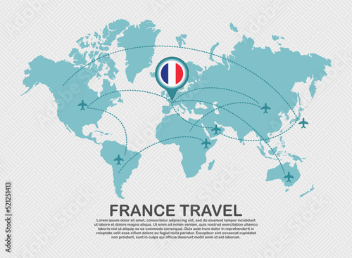 Travel to France poster with world map and flying plane route business background tourism destination concept