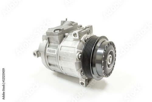 Car air conditioning compressor on a white background, Isolated, Car maintenance service.