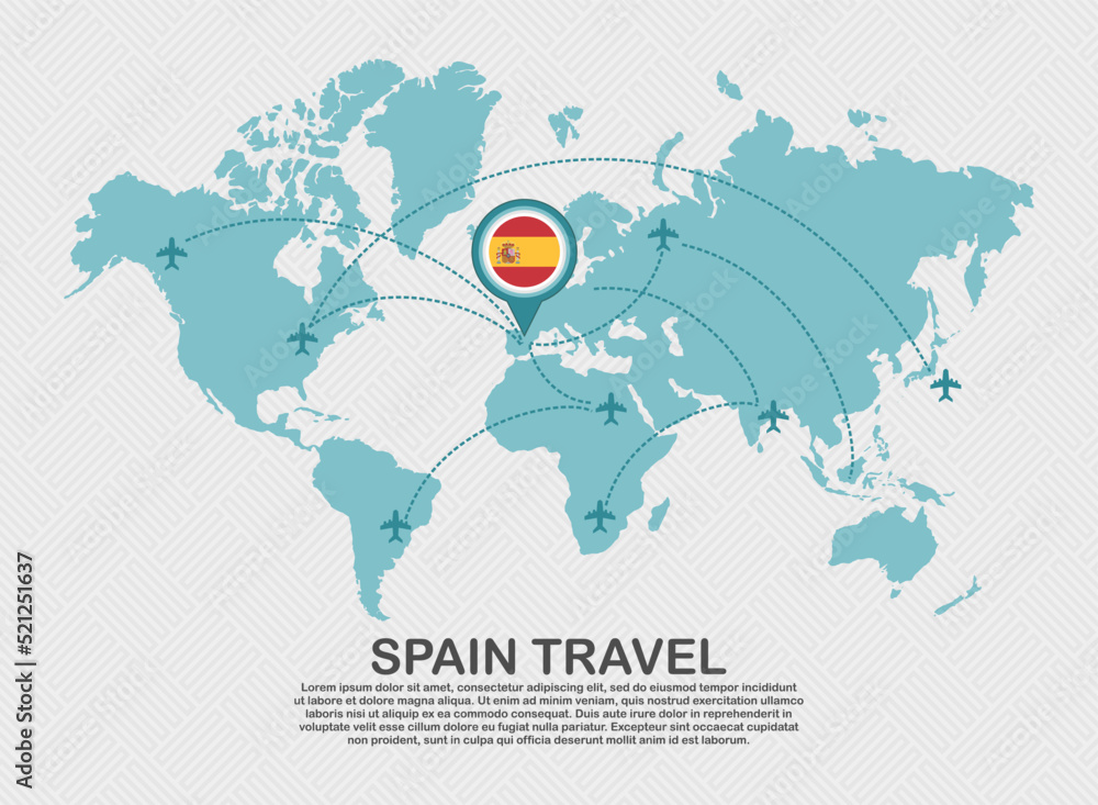 Travel to Spain poster with world map and flying plane route business background tourism destination concept