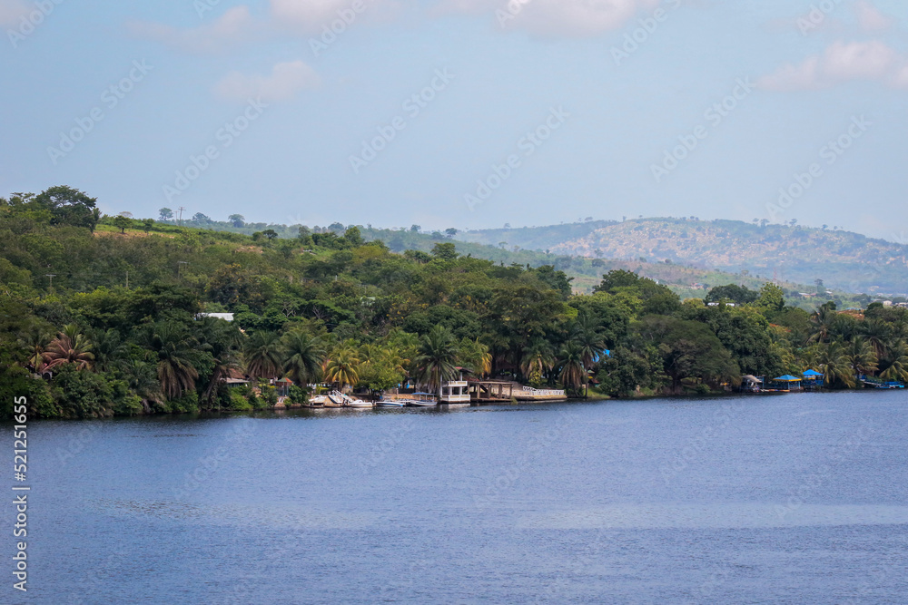 Amazing Natural Landscapes of Ghana Atlantic Ocean Coastline with Green Forest and Blue Water, West Africa
