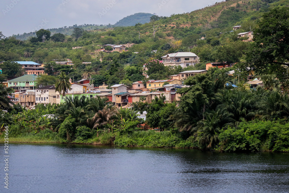 Amazing Natural Landscapes of Ghana Atlantic Ocean Coastline with Green Forest and Blue Water, West Africa Amazing Natural Landscapes of Ghana Atlantic Ocean Coastline with Green Forest and Blue Water, West Africa