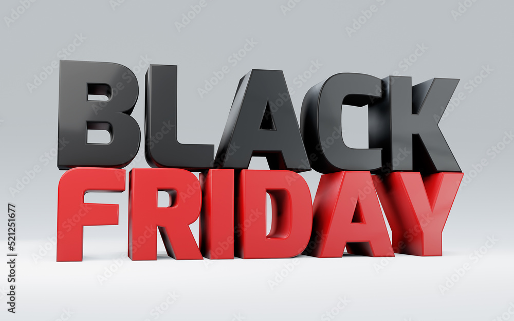 Black Friday logo. 3D rendering with white background. Red and black lettering. Black Friday logo. 3D rendering with white background. Red and black lettering.