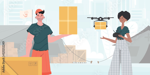 Humanitarian aid concept. The quadcopter is transporting the parcel. Man and woman with cardboard boxes. Vector.