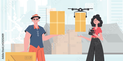 The theme of humanitarian aid. The quadcopter is transporting the parcel. Man and woman with cardboard boxes. Flat modern design. Vector.