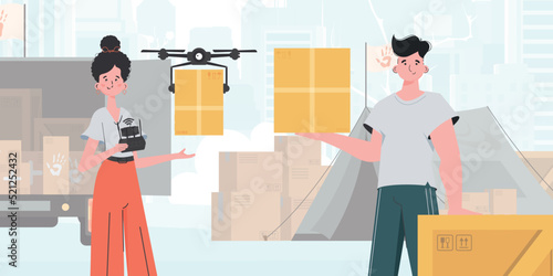 The theme of humanitarian aid. The quadcopter is transporting the parcel. Man and woman with cardboard boxes. Vector illustration.
