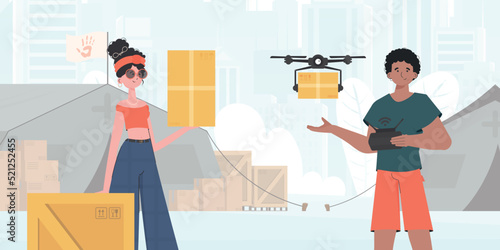 The theme of humanitarian aid. The quadcopter is transporting the parcel. Man and woman with cardboard boxes. Vector.