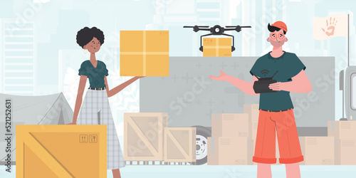 Camp for humanitarian aid. The quadcopter is transporting the parcel. Man and woman with cardboard boxes. trendy style. Vector.