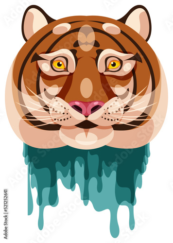 Tiger water. Color image. Character head with streams of water. Sticker. 