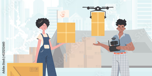 Camp for humanitarian aid. The quadcopter is transporting the parcel. Man and woman with cardboard boxes. Flat modern design. Vector.