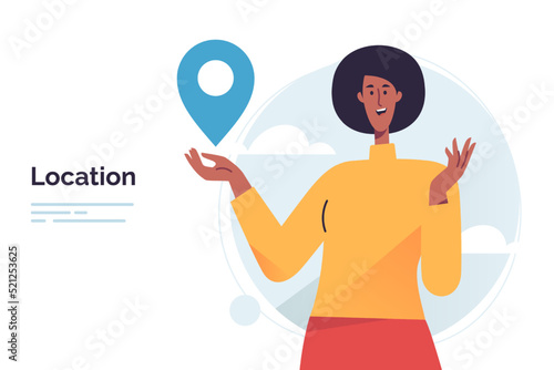 Vector illustration depicting a woman holding location sign