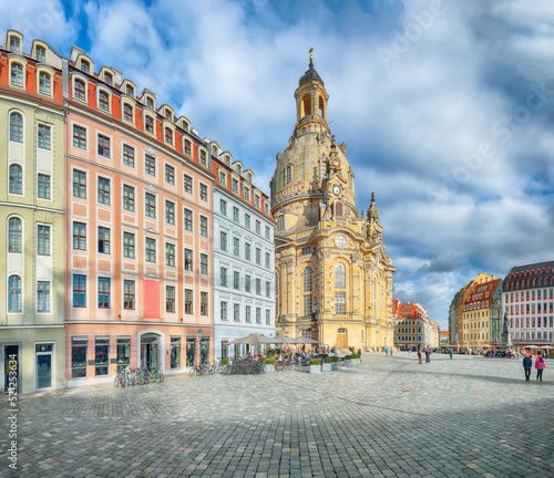 Fantastic view of of Baroque church - Frauenkirche at Neumarkt square in downtown of Dresden.