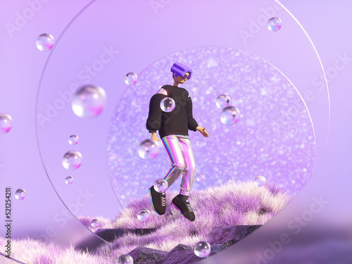 Avatar man with iridescent costume pose in virtual scene. Metaverse fashion concept. 3d rendering.