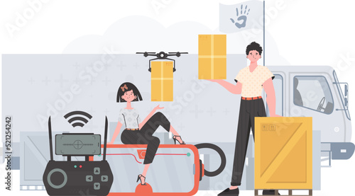 The theme of humanitarian aid. The quadcopter is transporting the parcel. Man and woman with cardboard boxes. Vector illustration.