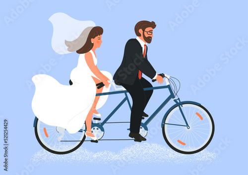 Wedding tandem. Bride and groom together riding tandem bike. Couple relationship concept. Vector illustration.