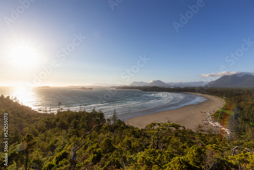 Sandy Beach on the West Coast of Pacific Ocean. Canadian Nature Landscape Background. Cox Bay Lookout, Tofino, Vancouver Island, BC, Canada.