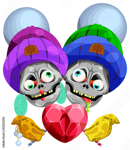 Two skulls with candy. Girl and boy in winter hats. On the hands of mittens. Winter. Heart shaped candy cane. Vector.
