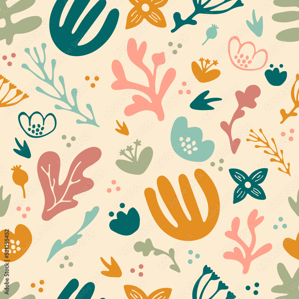 Hand drawn seamless pattern with different shapes of plants and bright colors. Tropical and underwater themed leaves and plants Hand drawn seamless pattern with different shapes of plants and bright colors. Tropical and underwater themed leaves and plants