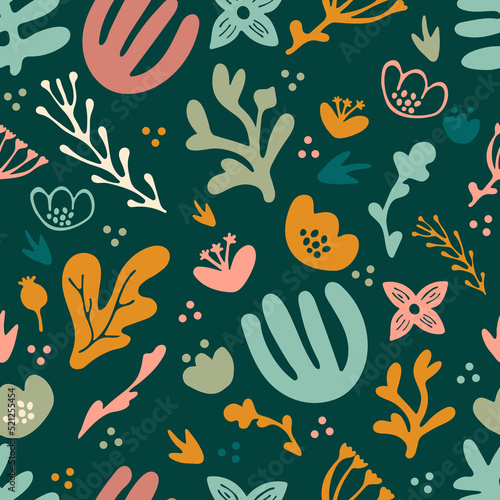 Dark colored hand drawn seamless pattern with tropical and underwater themed leaves and plants. Suitable for stationery prints  wallpaper  banners and posters background