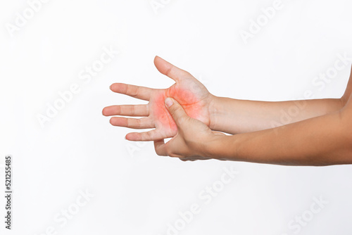 Foto Cropped shot of a young woman holding a palm in her hand isolated on a white background