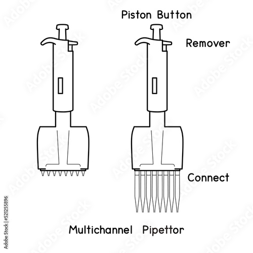 Laboratory Micropipette Set Adjustable Transfer Pipettes Controller Fixed Volume Multichannel Pipettor diagram for experiment setup lab outline vector illustration