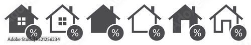Set of home loan icons. Home with percentage sign, real estate insurance. Mortgage refinance symbol, real estate investment icon. House finance. Vector.