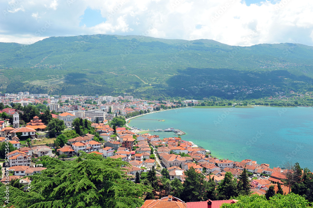 View over Ohrid in Macedonia on a sunny summer day. City view with lake on the right.