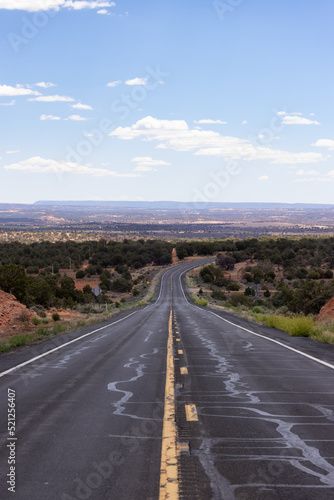 Scenic Road in the Dry Desert with Red Rocky Mountains in Background. Arizona  United States.