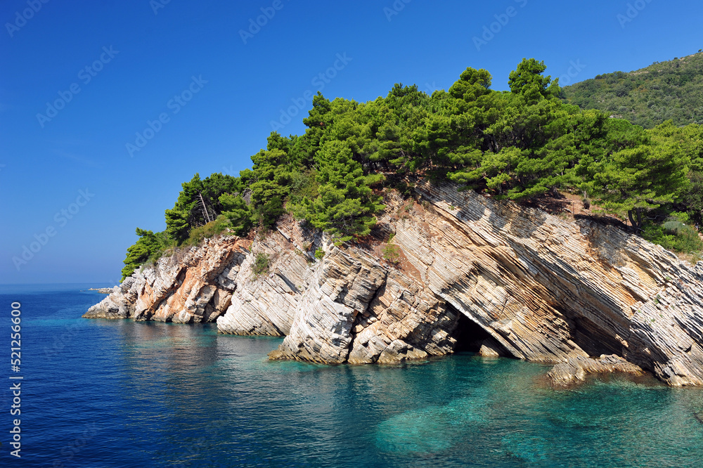 White cliffs, green pine trees in idyllic Petrovac, Montenegro.  Clear blue sky and turquoise transparent ocean water.