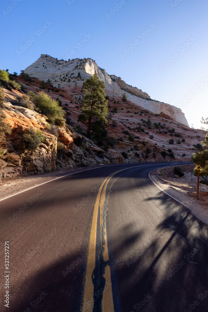 Scenic Road in American Mountain Landscape. Sunny Morning Sunrise Sky. Zion National Park, Utah, United States of America. Adventure Travel