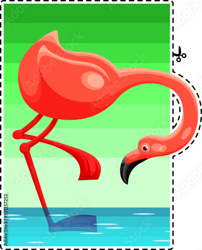 Pink flamingo. Vector image. Colored sticker. The big pink bird bent its head towards the water.