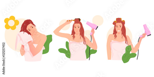 Woman with hair dryer. The woman dries her hair. Comb, blow dry. Woman drying her hair with towel. Wet hair.