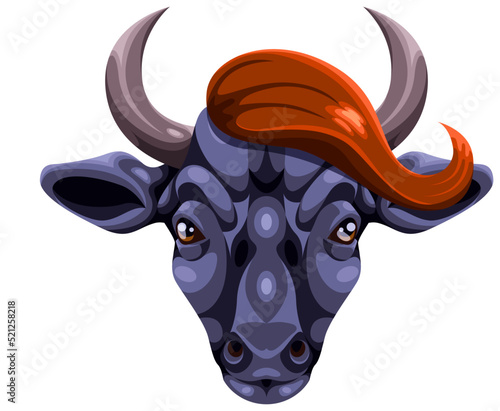 Bull. Sticker. Symmetric pattern. Character with long red hair.