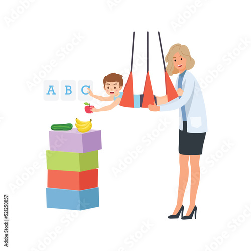Occupational therapy treatment session on screening development of kids. Concept for pediatric clinic, pediatrician and learning in children. Vector illustration isolated on white background.