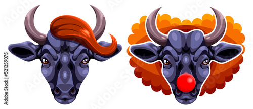 Bulls. Two bulls. A bull with red hair and a red nose and a bull with a long forelock. Sticker in color.